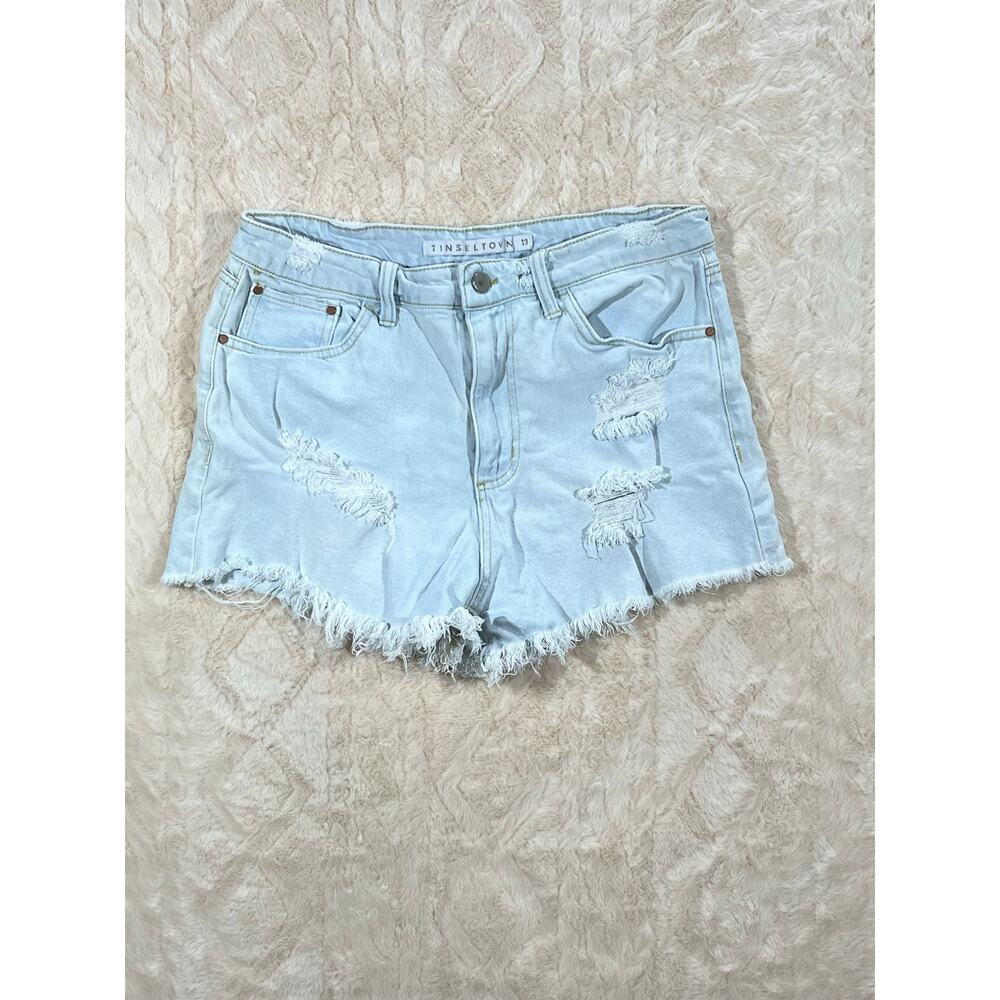 Tinseltown Jean Shorts Womens 13 Distressed Cutoff Light Wash Denim Mid Rise